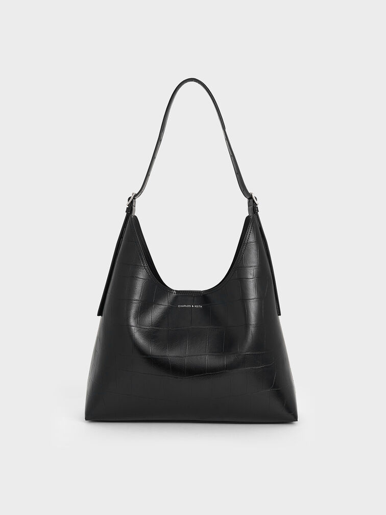 Liv Croc-Effect Hobo Bag, Noir, hi-res