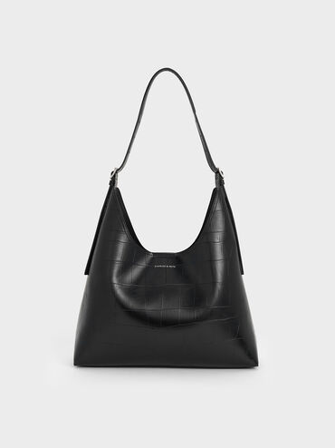 Liv Croc-Effect Hobo Bag, Noir, hi-res