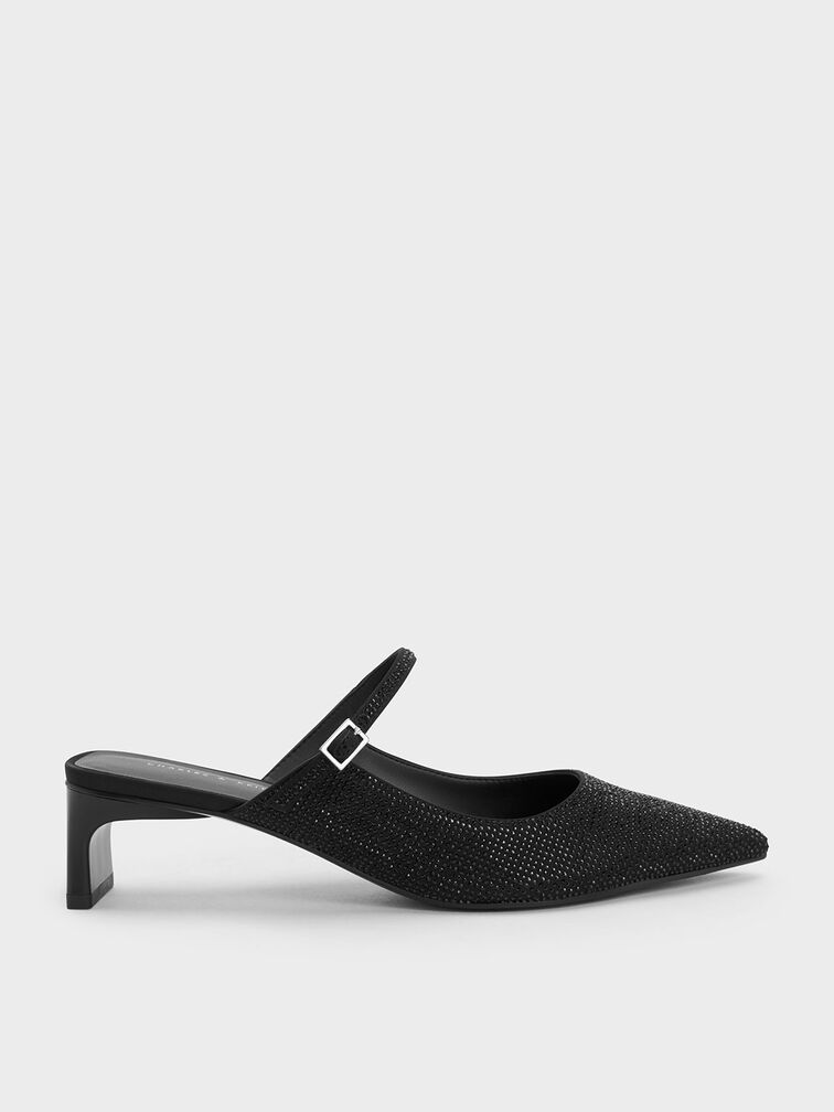 Gem-Embellished Blade Heel Mules, Black, hi-res