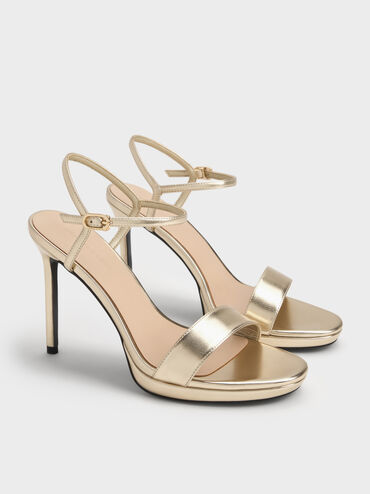 Metallic Ankle-Strap Stiletto Sandals, Gold, hi-res
