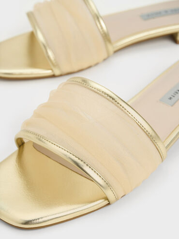 Metallic Chiffon Ruched Slides, Gold, hi-res