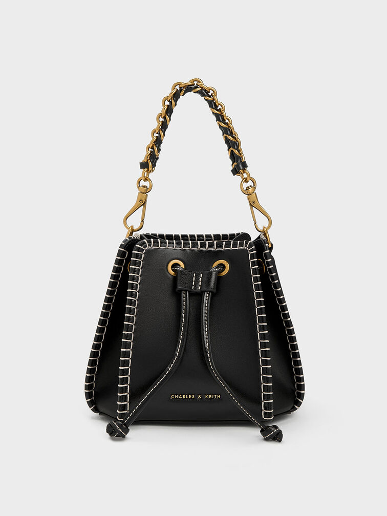Circe Stitch-Trim Bucket Bag, Black, hi-res