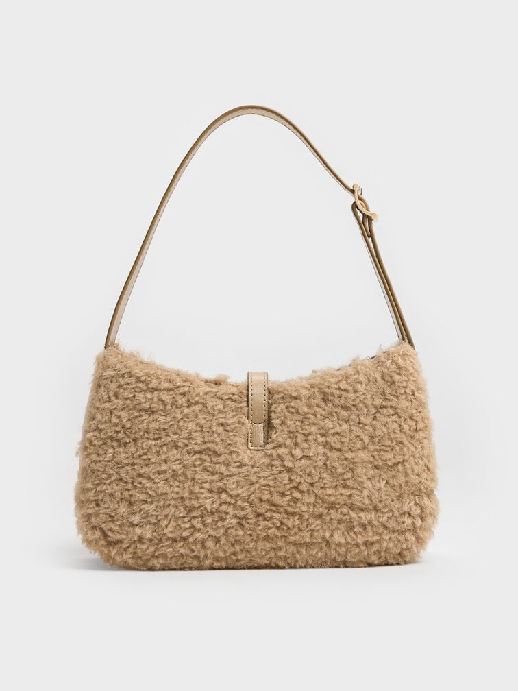 Cesia Faux Shearling Metallic-Accent Shoulder Bag, Nutmeg Beige, hi-res