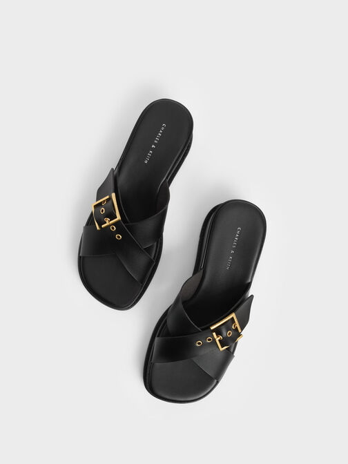 Buckled Crossover Curved Platform Sandals, Black, hi-res