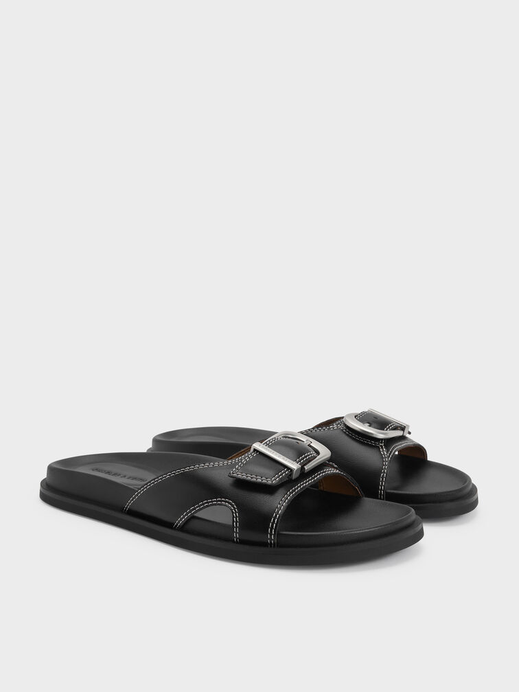 Stitch-Trim Buckled Slides, Black, hi-res
