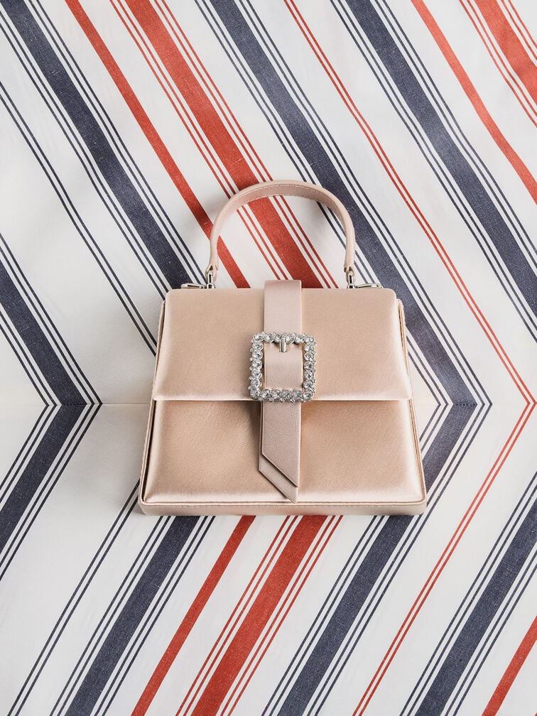 Satin Crystal-Buckle Belted Top Handle Bag, Sunset Nude, hi-res