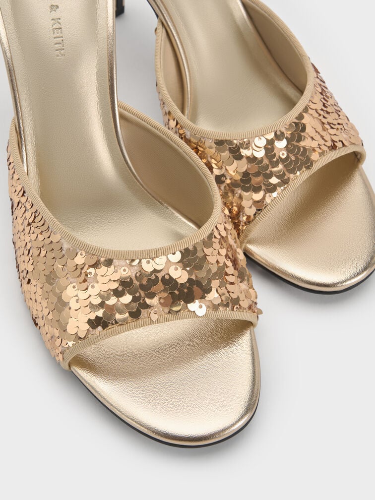Sequinned Stiletto-Heel Mules, Gold, hi-res