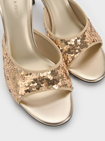 Sequinned Stiletto-Heel Mules, Gold, hi-res