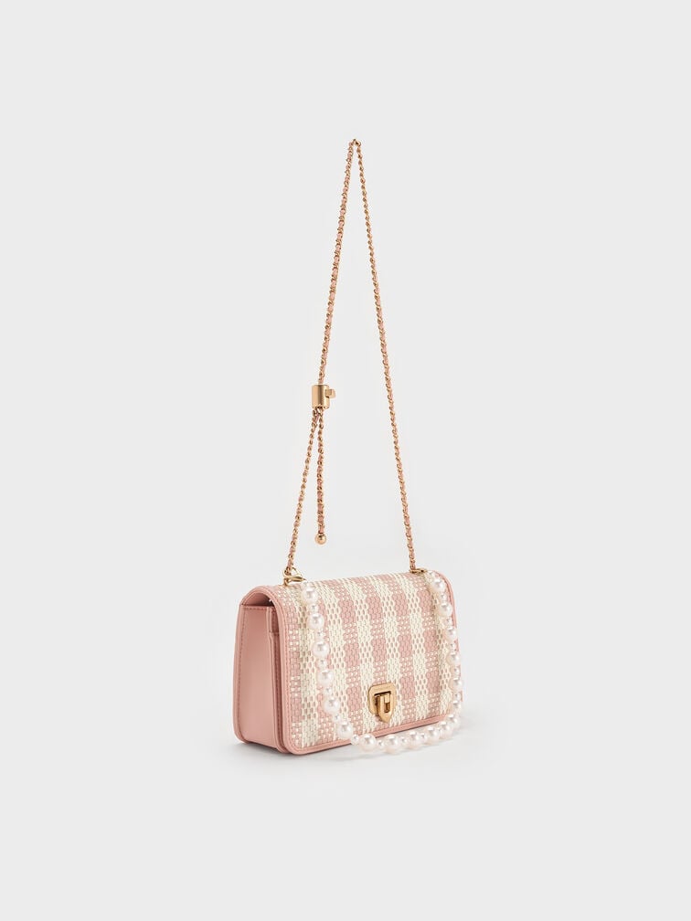 Alessia Checkered Pearl-Embellished Wallet on Chain, Light Pink, hi-res
