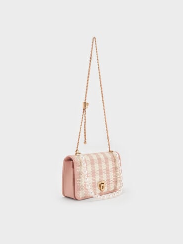 Alessia Checkered Pearl-Embellished Wallet on Chain, Light Pink, hi-res