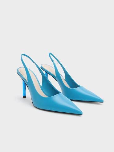 Cylindrical Metallic Heel Slingback Pumps, Blue, hi-res