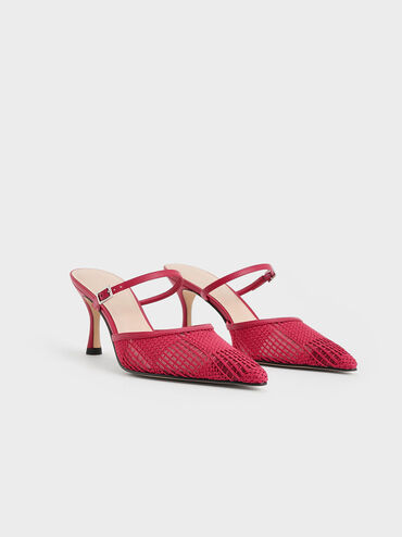 Mesh Woven Heeled Mules, Red, hi-res