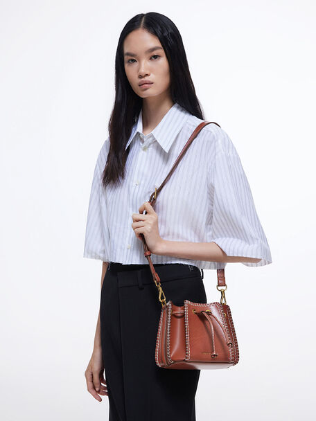 Circe Stitch-Trim Bucket Bag, Mocha, hi-res
