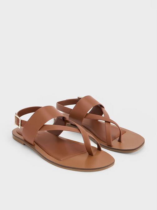 Toe-Ring Crossover-Strap Sandals, Cognac, hi-res