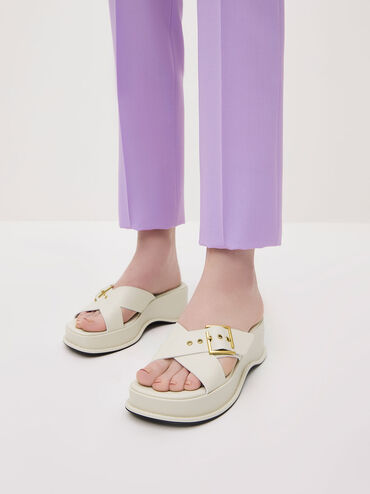 Buckled Crossover Curved Platform Sandals, Chalk, hi-res