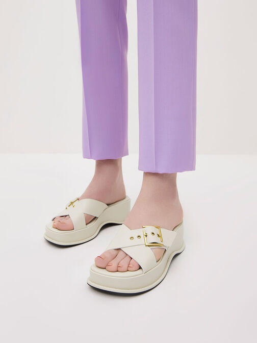 Buckled Crossover Curved Platform Sandals, Chalk, hi-res