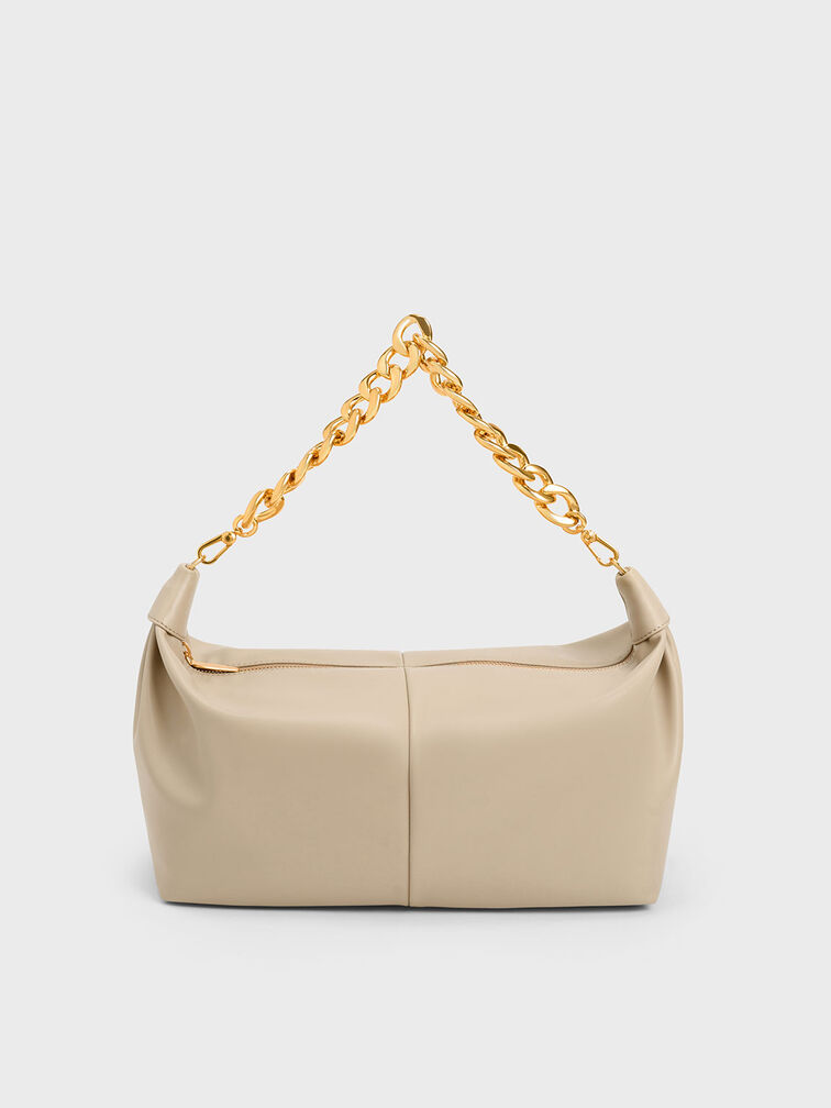 Chunky Chain Link Hobo Bag, Beige, hi-res