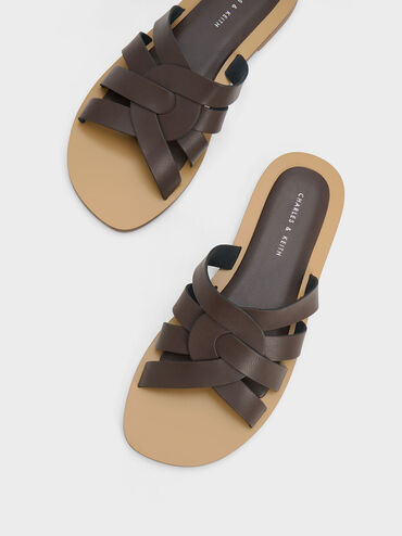 Interwoven Slide Sandals, Brown, hi-res