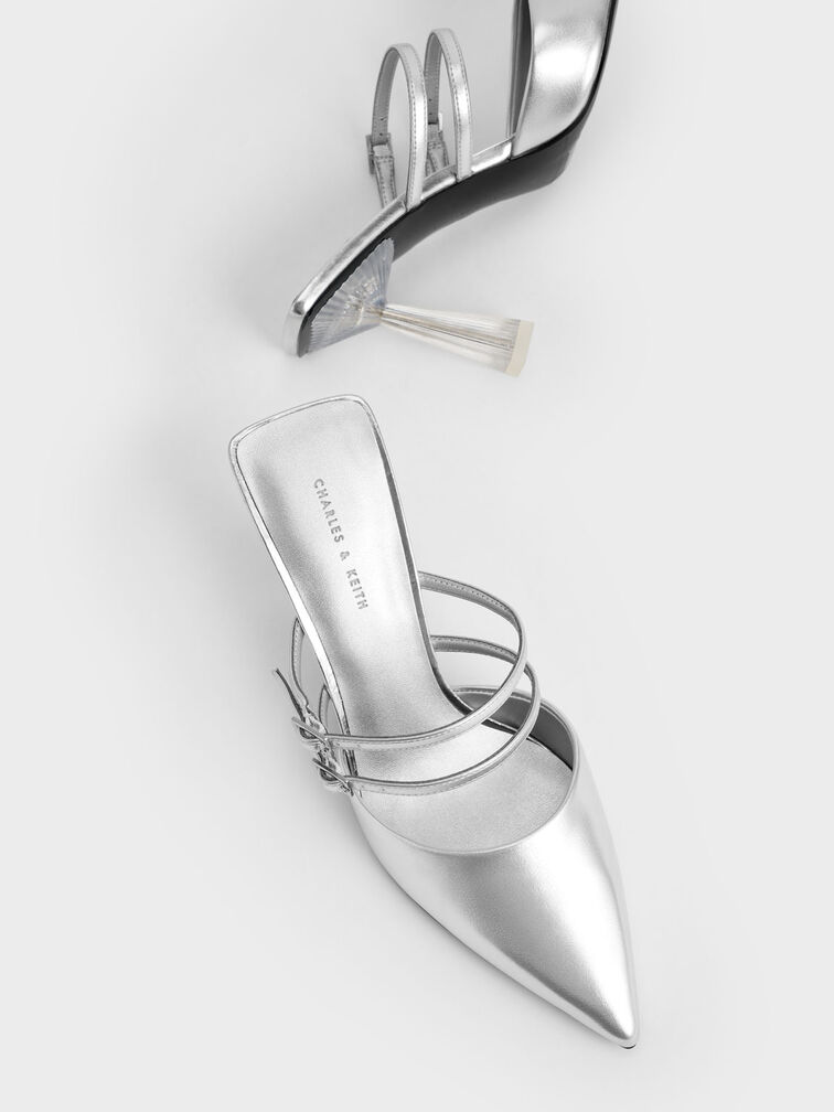 Metallic Strappy Slant Heel Mules, Silver, hi-res