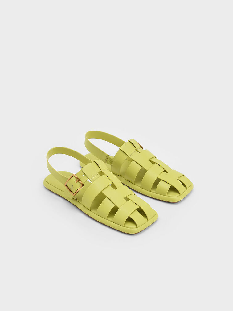 Metallic Buckle Caged Slingback Sandals, Lime, hi-res