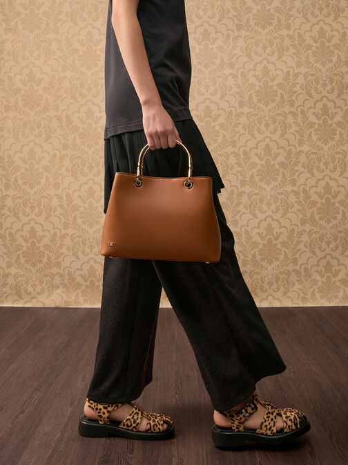Leather Ring-Handle Bag, Cognac, hi-res