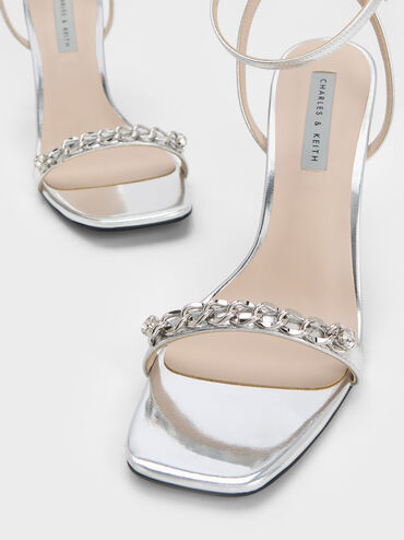 Chain-Embellished Metallic Ankle Strap Sandals, Silver, hi-res