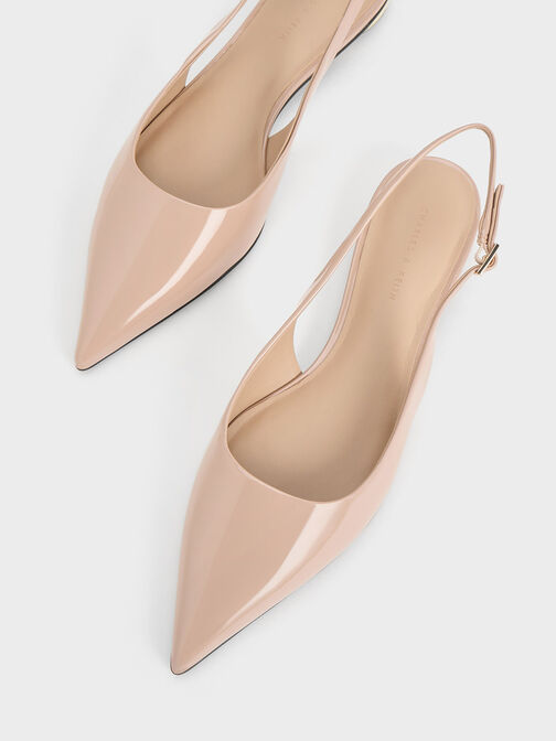 Patent Pointed-Toe Slingback Flats, Nude, hi-res