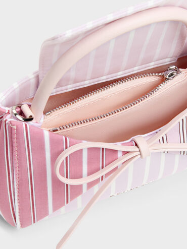 Hazel Striped Bow Panelled Top Handle Bag, Light Pink, hi-res