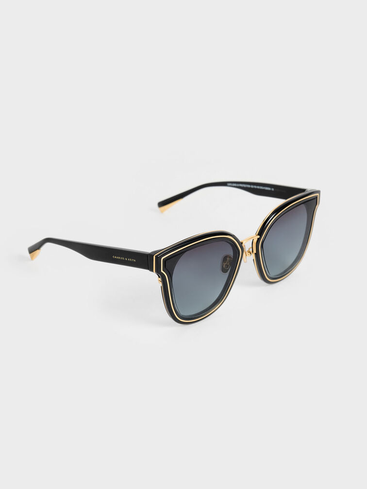 Gold-Trim Rectangular Sunglasses, Black, hi-res