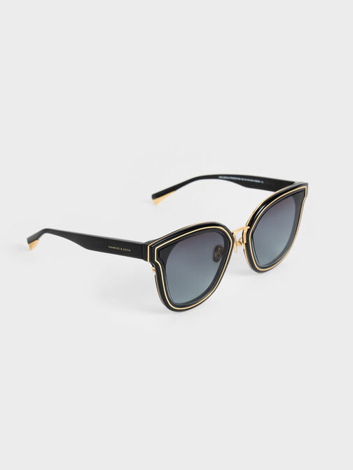 Gold-Trim Rectangular Sunglasses, Black, hi-res