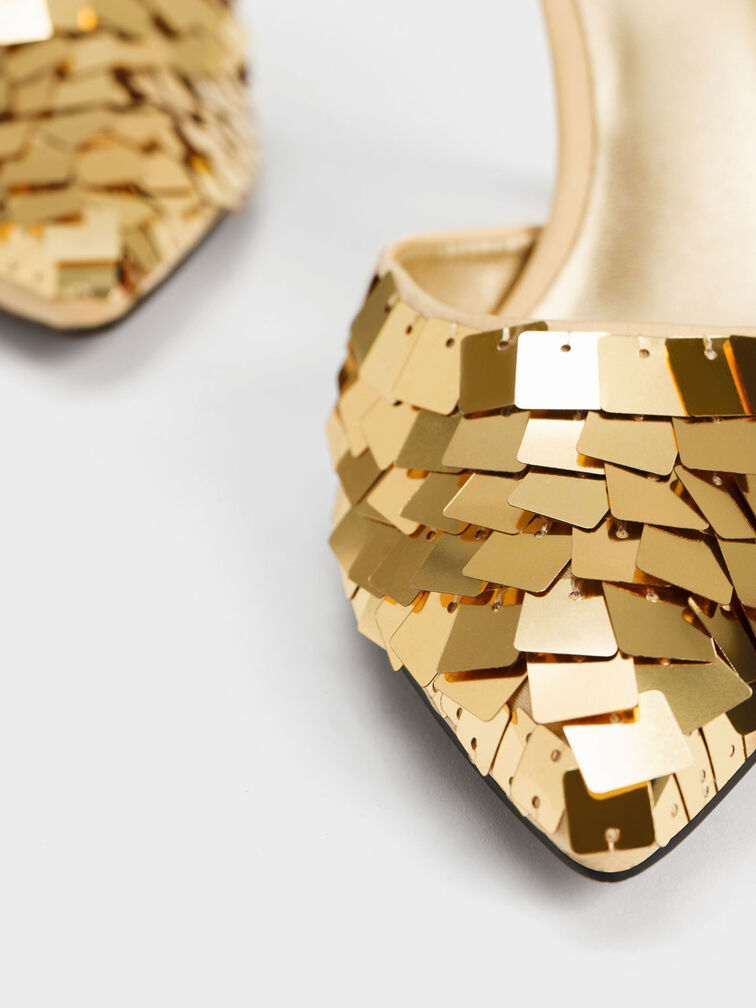 Sequinned Satin Ankle-Strap Pumps, Gold, hi-res