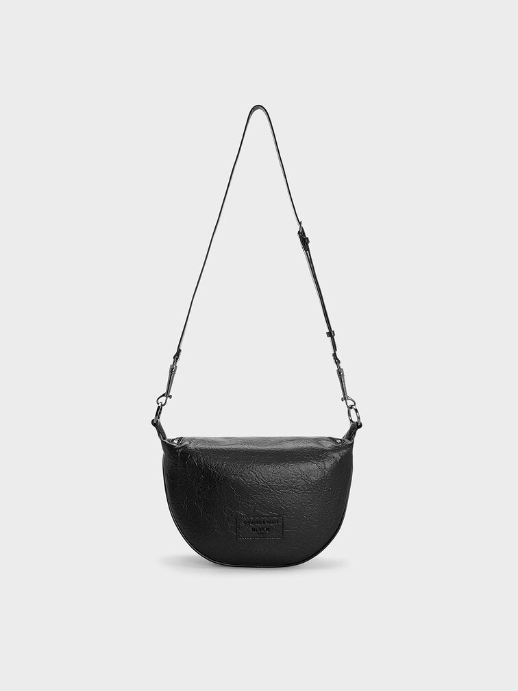 Philomena Rose-Motif Half-Moon Crossbody Bag, Noir, hi-res