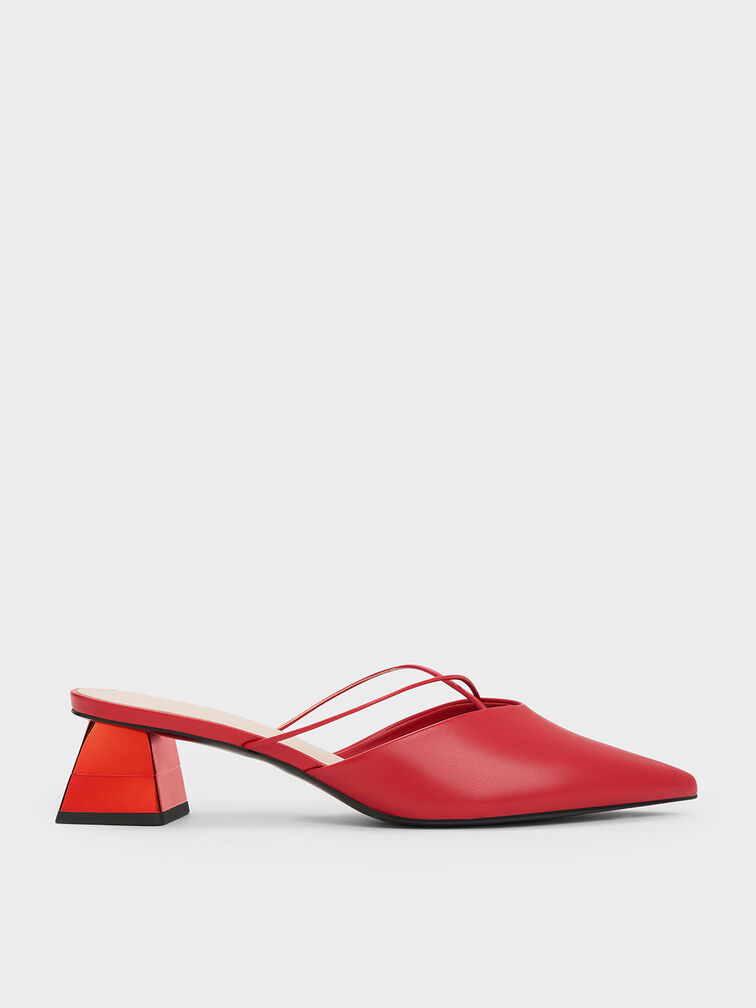 Metallic Trapeze Heel Crossover Mules, Red, hi-res