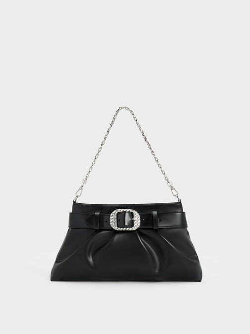 Avis Belted Ruched Shoulder Bag, Noir, hi-res