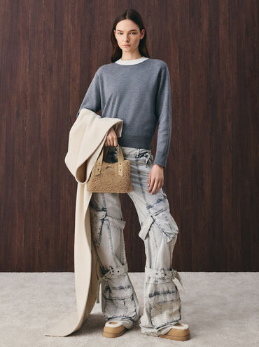 Mini Shania Faux Shearling Double-Handle Tote Bag, Nutmeg Beige, hi-res