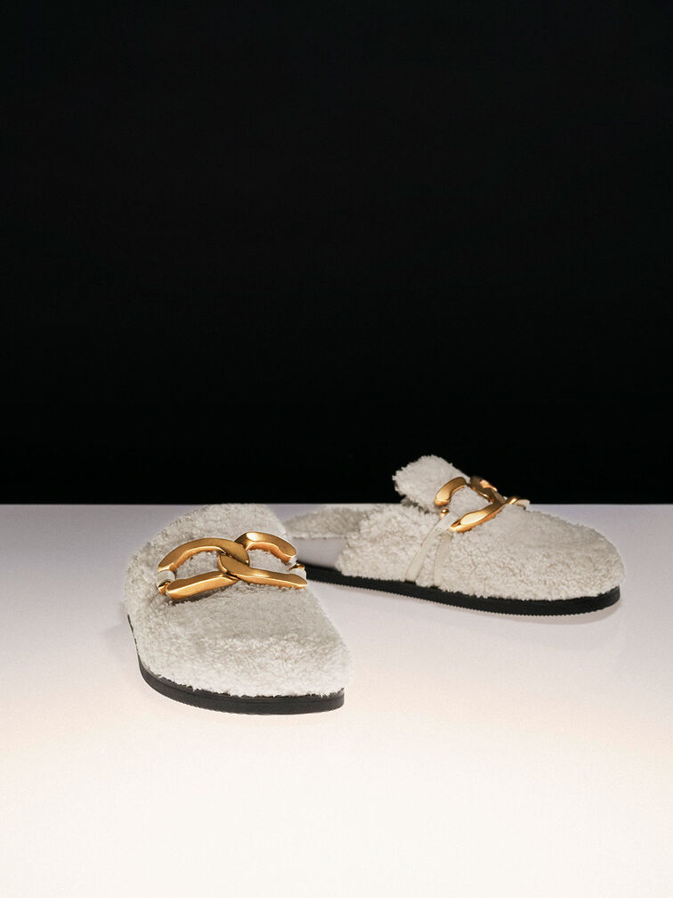 Metallic Accent Furry Loafer Mules, Chalk, hi-res