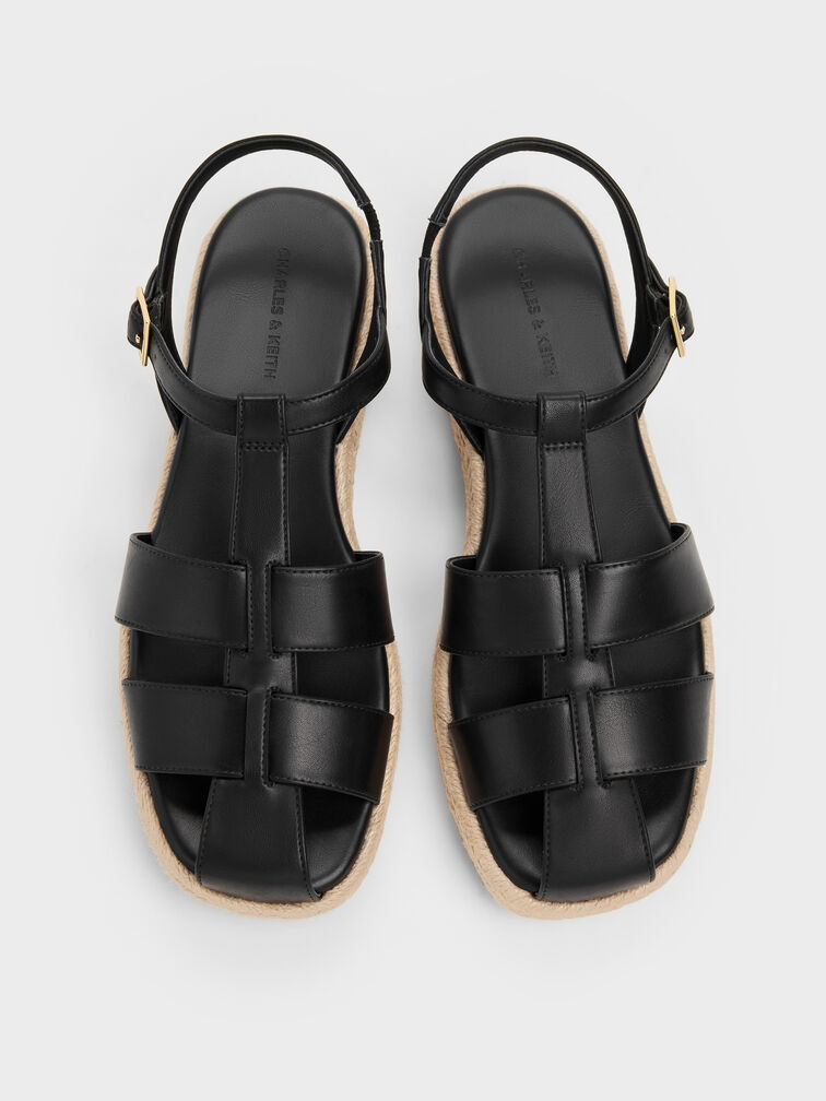 Caged Flatform Espadrille Sandals, Black, hi-res