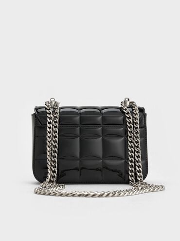 Patent Square-Quilted Chain-Handle Bag, Noir, hi-res
