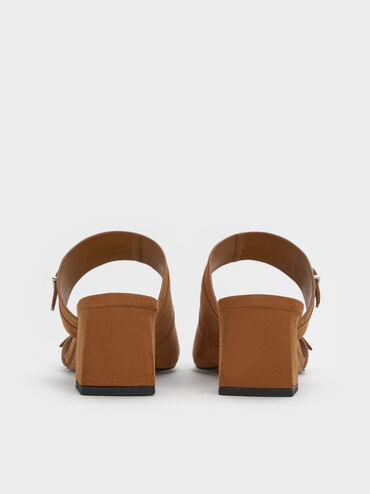 Faux Suede Buckled Double-Strap Heeled Mules, Cognac, hi-res