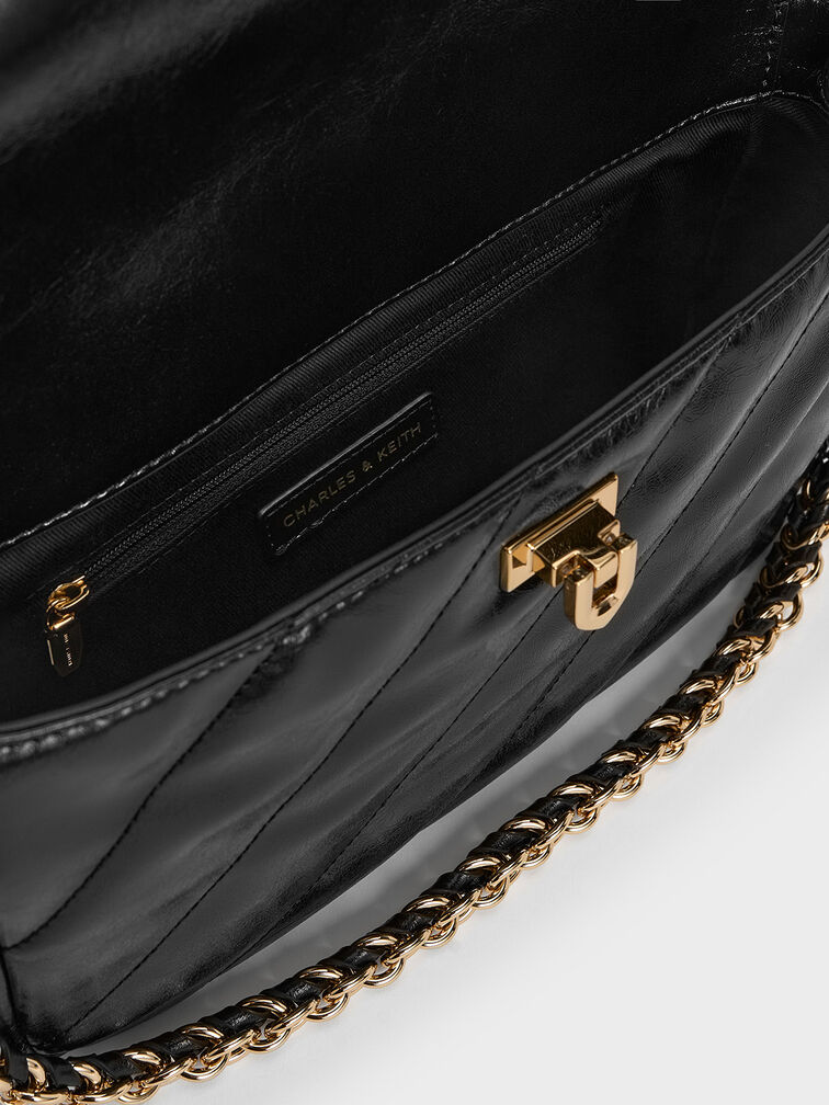 Fawn Panelled Front Flap Chain-Handle Bag, Black, hi-res