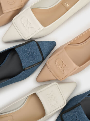 Leather Pointed-Toe Flats, Nude, hi-res