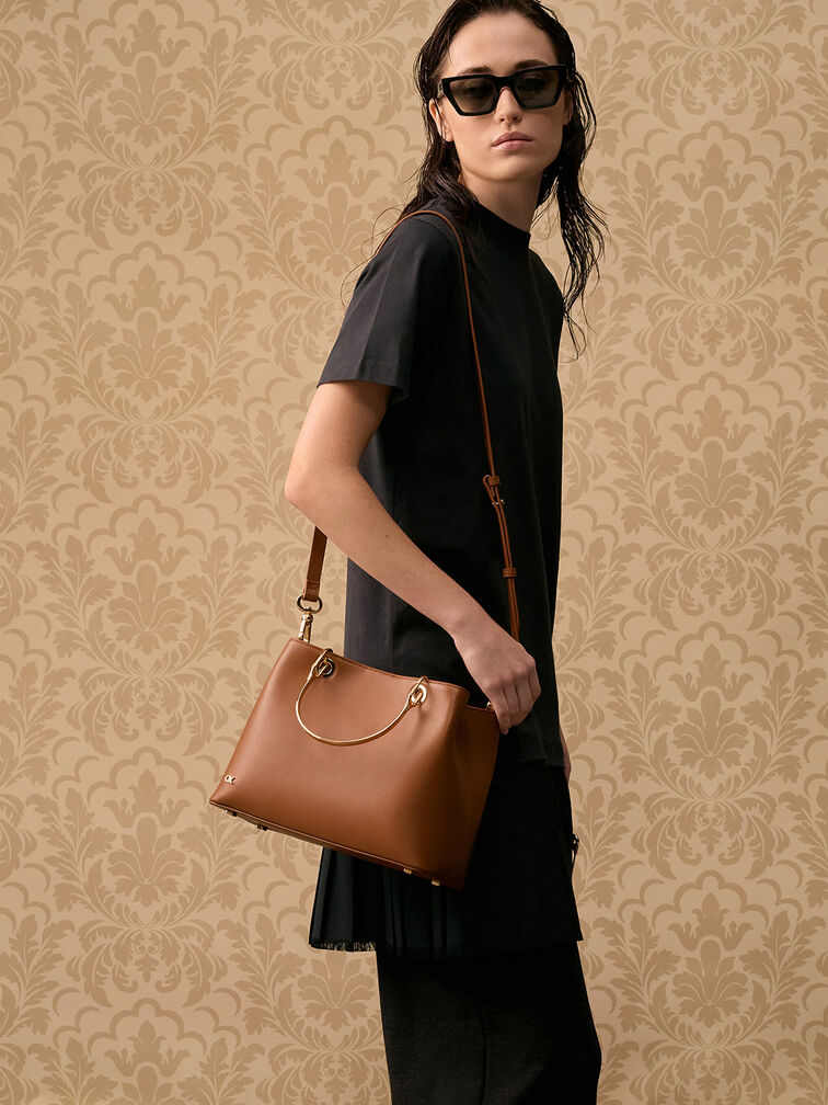Leather Ring-Handle Bag, Cognac, hi-res