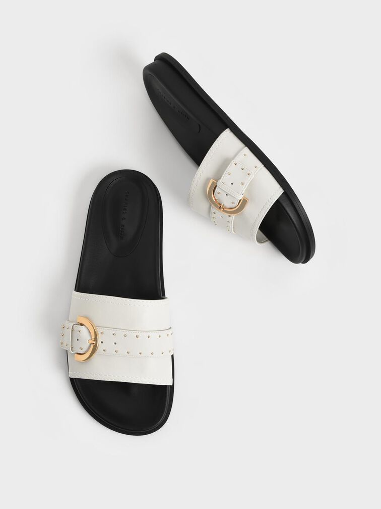 Studded Buckle Slide Sandals, Chalk, hi-res