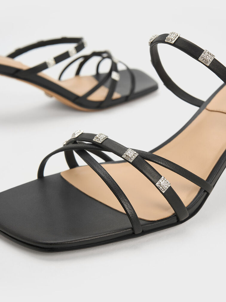 Square Crystal-Embellished Leather Heeled Mules, Black, hi-res