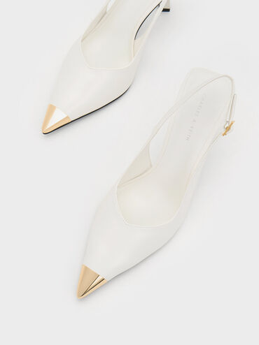 Metallic Cap Pointed-Toe Slingback Pumps, White, hi-res