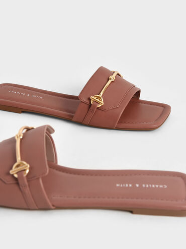 Metallic Accent Slide Sandals, Cognac, hi-res