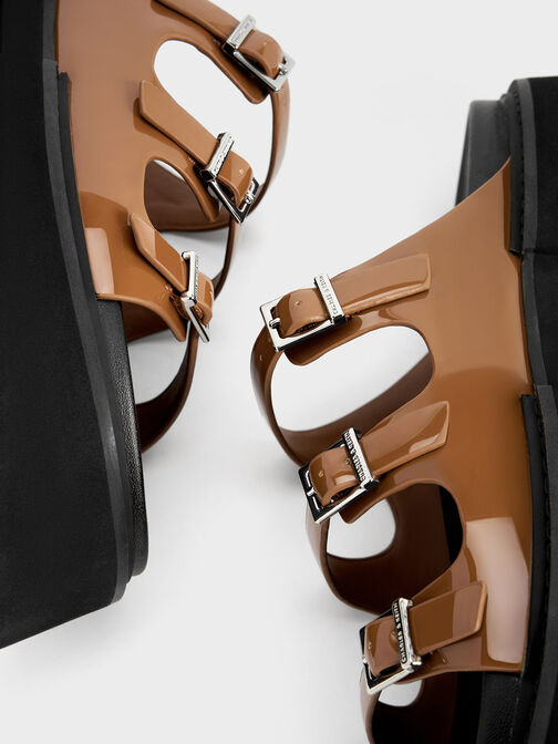 Nadine Patent Triple-Strap Platform Sandals, Cognac, hi-res