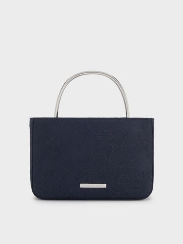 Jennis Lace & Satin Top Handle Bag, Dark Blue Textured, hi-res
