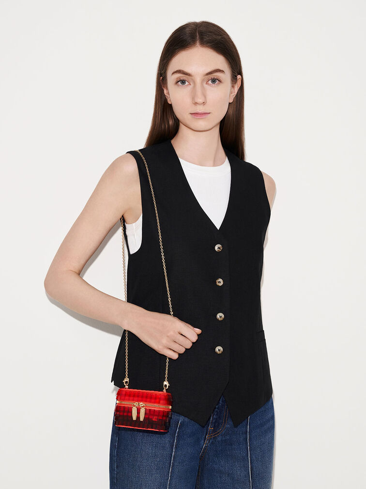 Disc-Embellished Vanity Pouch, Red, hi-res