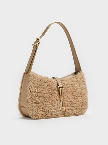 Cesia Faux Shearling Metallic-Accent Shoulder Bag, Nutmeg Beige, hi-res